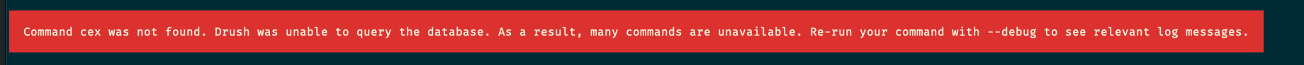 “Drush cex command not found” screenshot