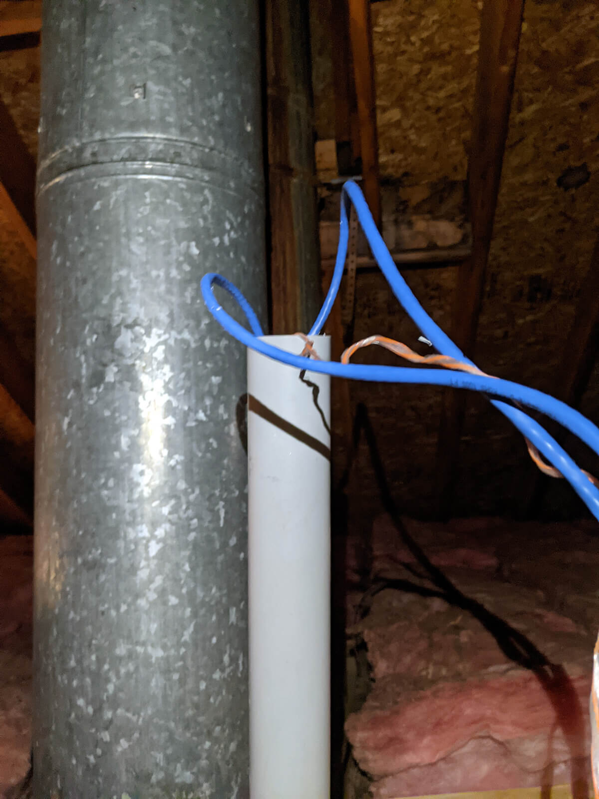First two cables pulled up through the PVC