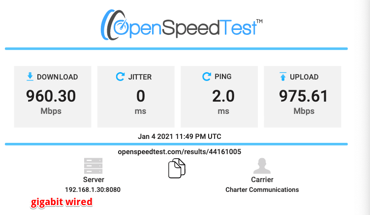 Speed test results from my wired tests. 960 down, 975 up.
